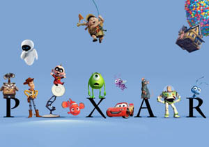 The Pixar logo, including a number of popular Pixar characters